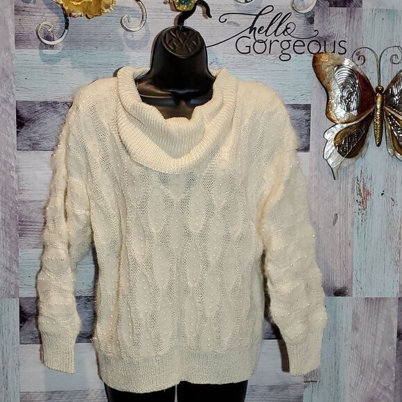 Jon Lawrence  Vintage Cream Wool/Angora Beaded Heavy Cowl Neck Sweater BoHo Warm - Picture 1 of 9